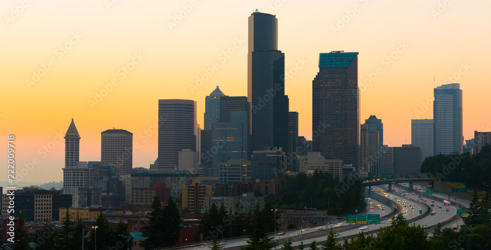 Interstate 5 and downtown at sunset, Seattle, Washington State, USA
