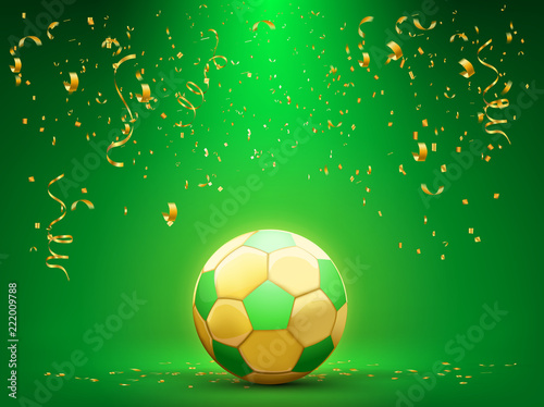 gold soccer ball on green celebration background