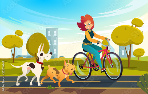 Vector cartoon illustration of young redhead woman riding bicycle in a park or countryside and a dog runs near her. Female cartoon character. Pets on a walk