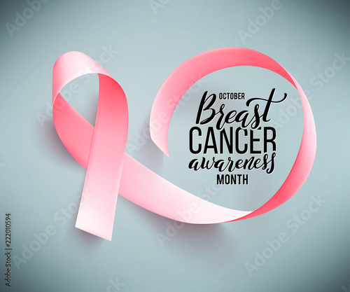 Poster with handdrawn lettering breast cancer. Realistic pink ribbon.