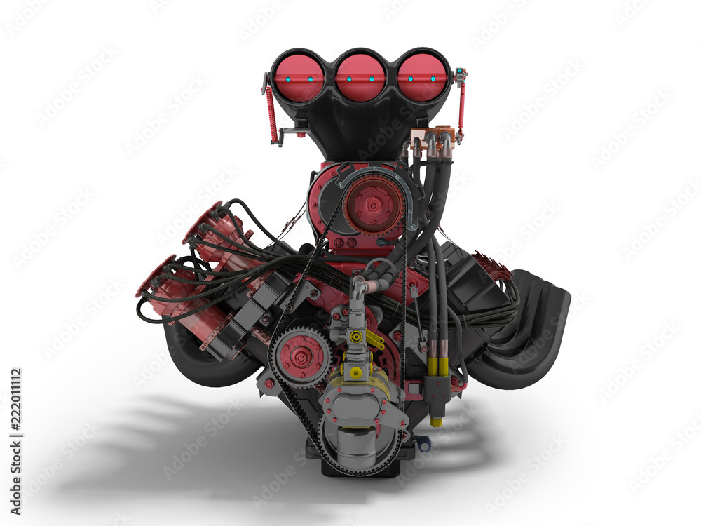 Red Engine With Supercharger Front View 3d Render On White