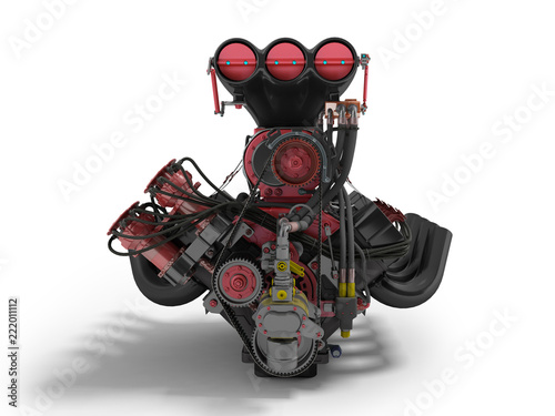 Red engine with supercharger front view 3d render on white background with shadow photo