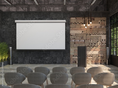 Canvas Print A meeting room with blank white screen for the projector on the black wall
