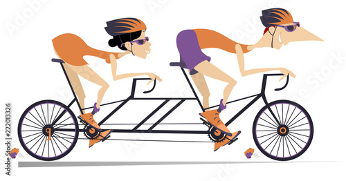 Cartoon man and woman rides a bike isolated. Smiling man and woman in helmets rides on the double bike isolated on white illustration 
