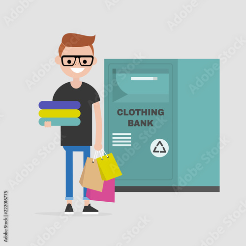 Young character holding a pile of used clothes. Clothing bank. Recycling. Container. Donation. Flat editable vector illustration, clip art