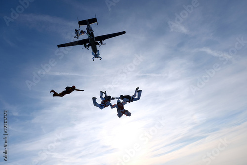 Formation skydivng. Skydivers have just jumped out.