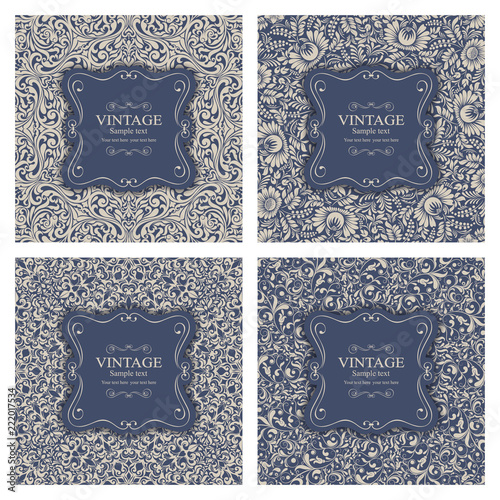 Wedding invitation cards  baroque style blue and beige. Vintage  Pattern. Retro Victorian ornament. Frame with flowers elements. Vector illustration.