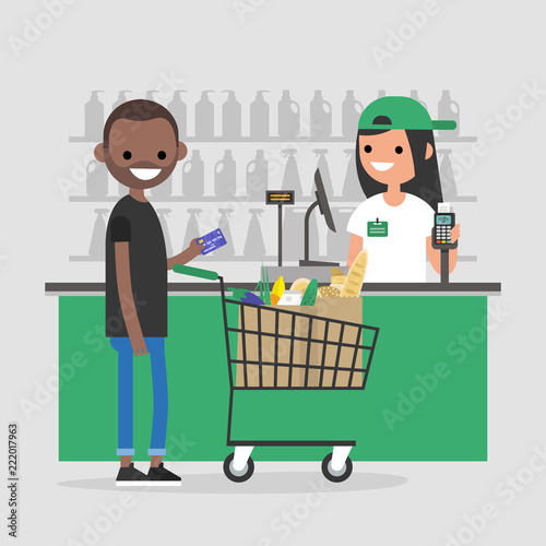 Supermarket register counter. Cashier. Grocery store. A client making a payment with a credit card. Daily life. Flat editable vector illustration, clip art