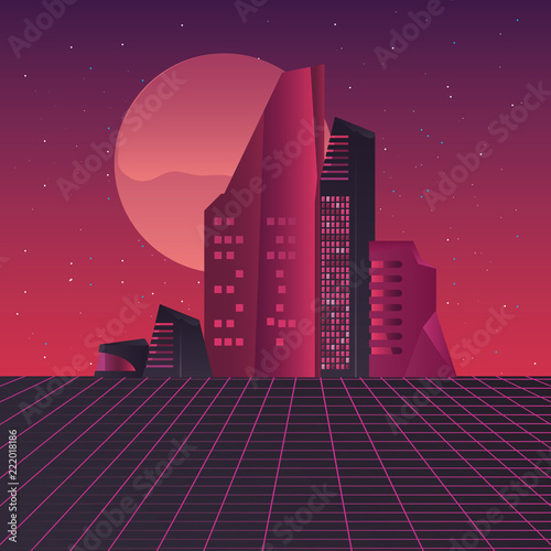 retro future label with buildings scene