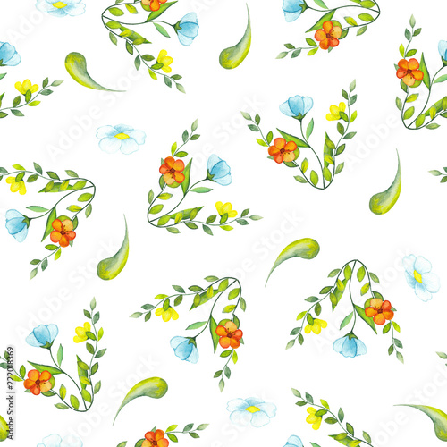 Pattern of watercolor green leaves and twigs  summer orange  blue and yellow flowers