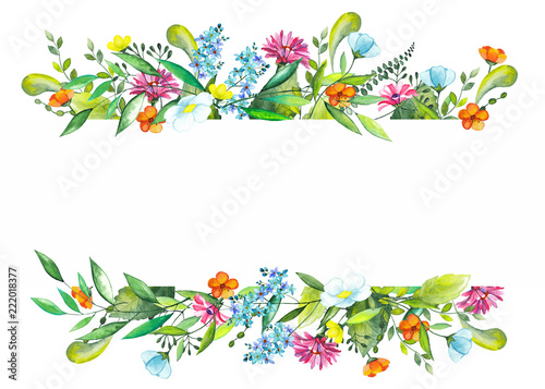 Frame of watercolor green leaves and twigs  summer orange  blue and yellow flowers