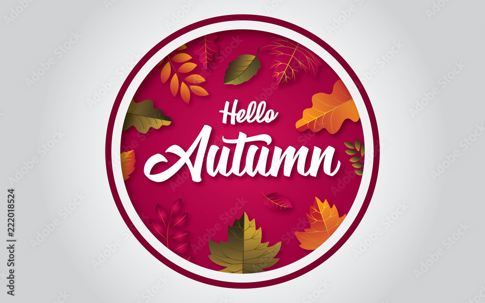 Hello autumn design background with leaves. in the oval hole.