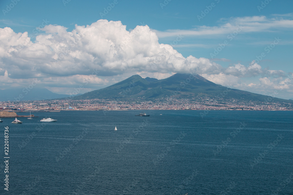 Beautiful widescreen view on volcano Vesuvius and Naples from Italy offshore