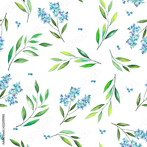 handpainted watercolor pattern of twigs with blue flowers  green leaves and blue berries