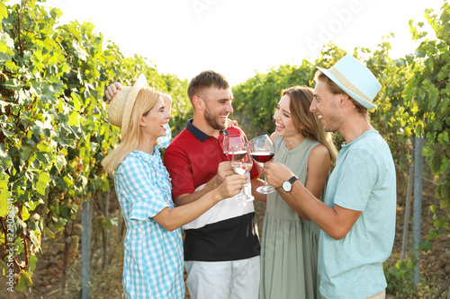 Friends drinking wine and having fun at vineyard