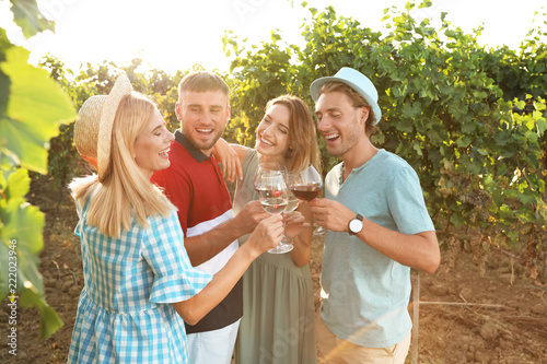 Friends drinking wine and having fun at vineyard