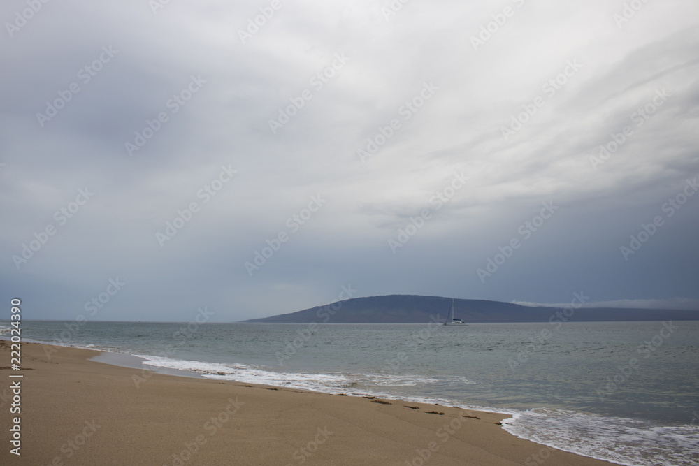 Beach and Ocean with Gray Skies Tropical Storm Hurricane Maui Hawaii