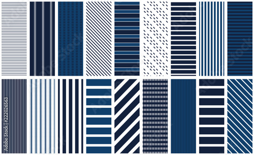 Navy stripe seamless pattern set. 18 repeating patterns for fabric, backgrounds, apparel, paper, scrapbooking and more. Blue and white, classic, retro geometric stripe prints. Nautical, preppy, simple