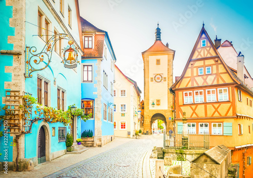 half-timbered houses and city tower of Rothenburg ob der Tauber  Germany  retro toned