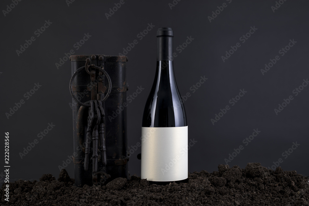 Wine Bottle with grapes in a black background
