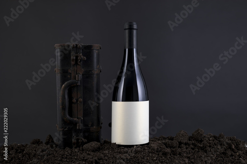 Wine Bottle with grapes in a black background