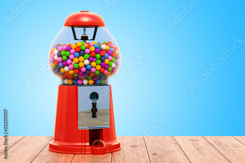 Gumball machine on the wooden background. 3D rendering