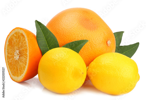 Grapefruit, orange and lemon isolated on white.