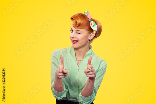 Hey you! Woman pointing index fingers gesture photo