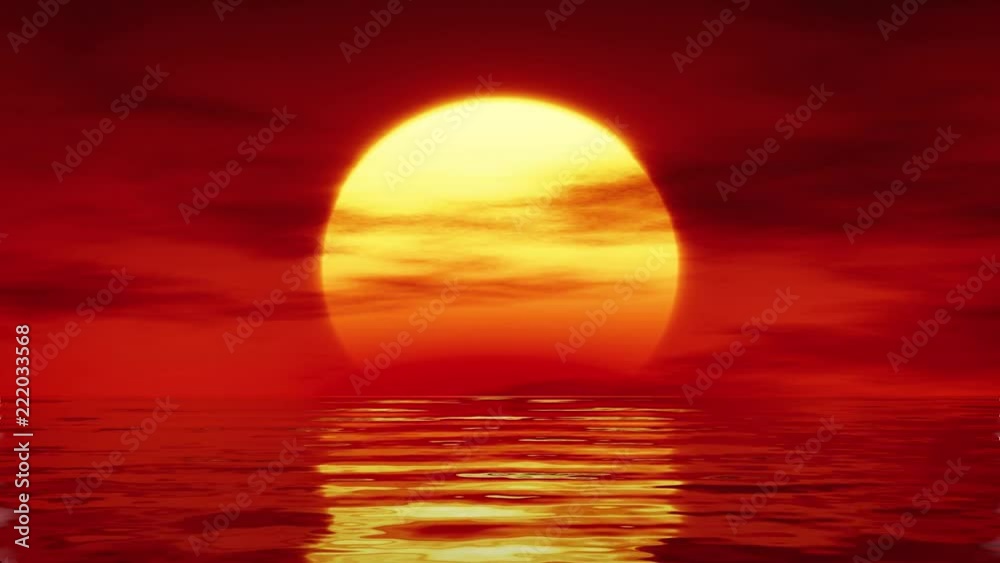 Calm sea with sunset on red background loopable animation