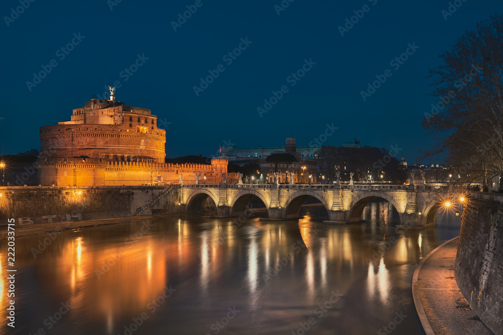 Rome, Castel Sant'Angelo, Tiber river at night