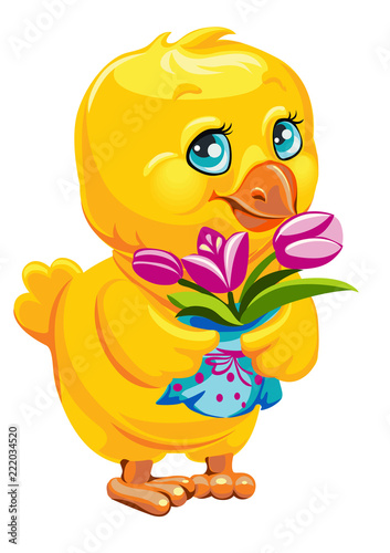 Vector illustration cute chicken with bouquet of flowers. Easter Character for Chicken Card