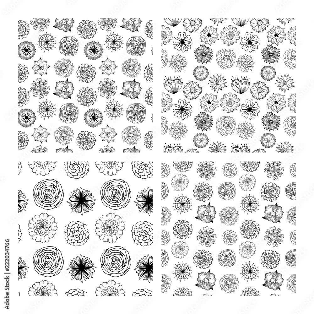 Seamless patterns from various and beautiful flowers. Multicolored, monochrome, elegant. For invitations, posters, flyers and other designs. Seamless patterns from various and beautiful flowers. Multicolored, monochrome, elegant. For invitations, posters, flyers and other designs.