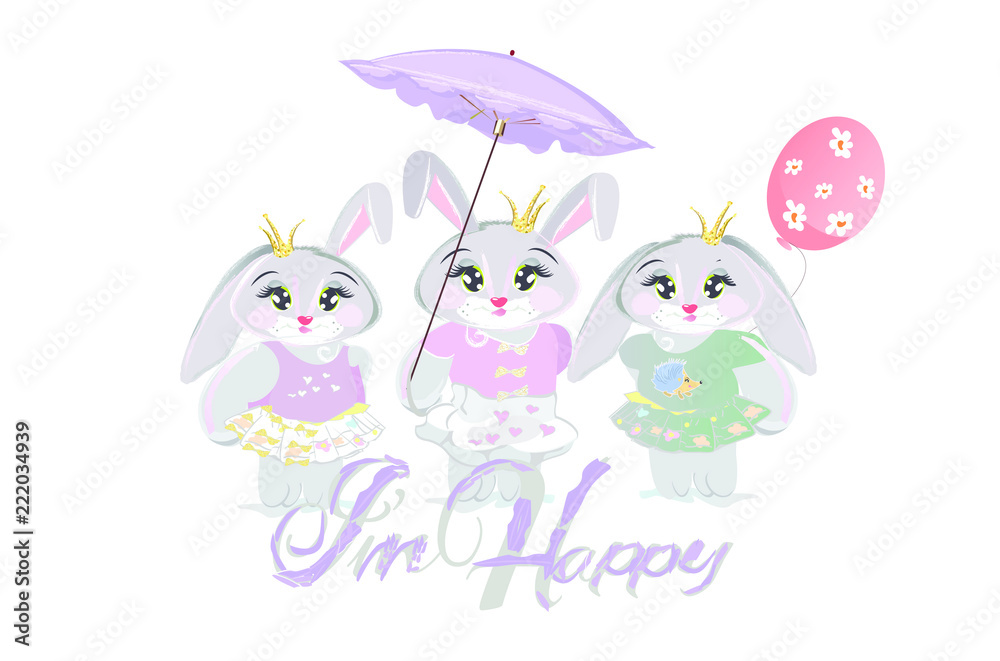 Fototapeta premium Pretty hares with a bow on her head, hand drawn graphic, kid print