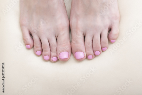 Women s toes close-up. Pink pedicure. White background