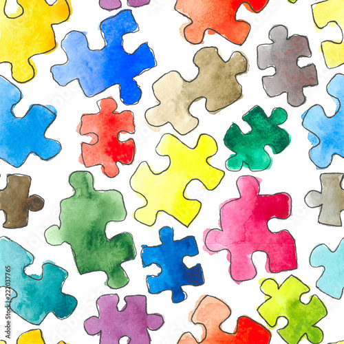 puzzle pattern seamless background. Pieces of puzzle. Watercolor hand drawn illustration.