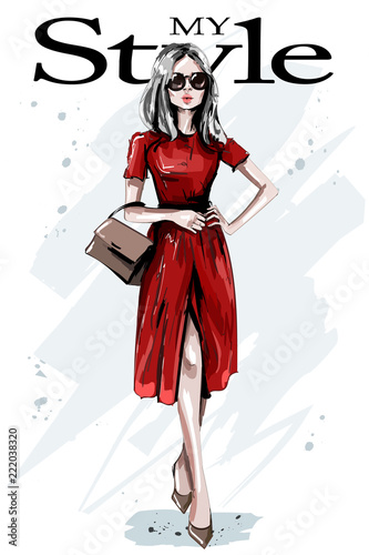 Hand drawn beautiful young woman in red dress. Stylish elegant girl with bag. Fashion woman outfit. Sketch.