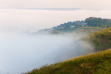 Thick fog covering green slopes in Ukraine. Morning landscape