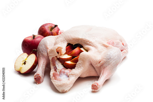 Raw whole duck stuffed with apple isolated on white