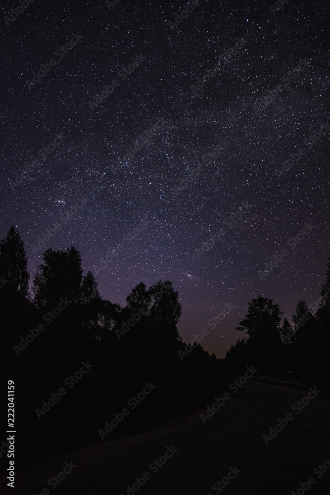 Starry sky over the road in the village