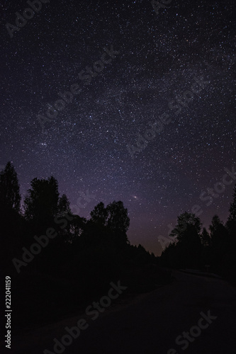 Starry sky over the road in the village