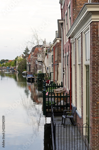 Canal in Leiden. Beautiful old hauses with balconies overlooking the canal. World water day.