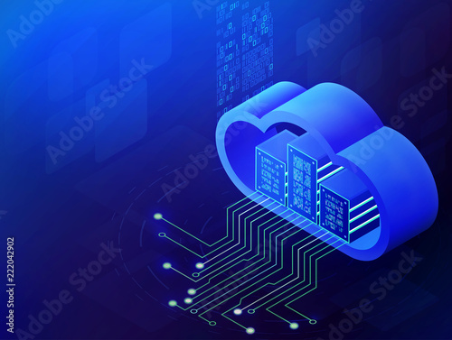 Cloud technology Isometric concept, Modern computing services. Integrated digital web cloud storage