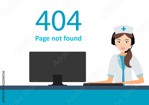 Page 404 with a nurse or doctor. Web error or not found page