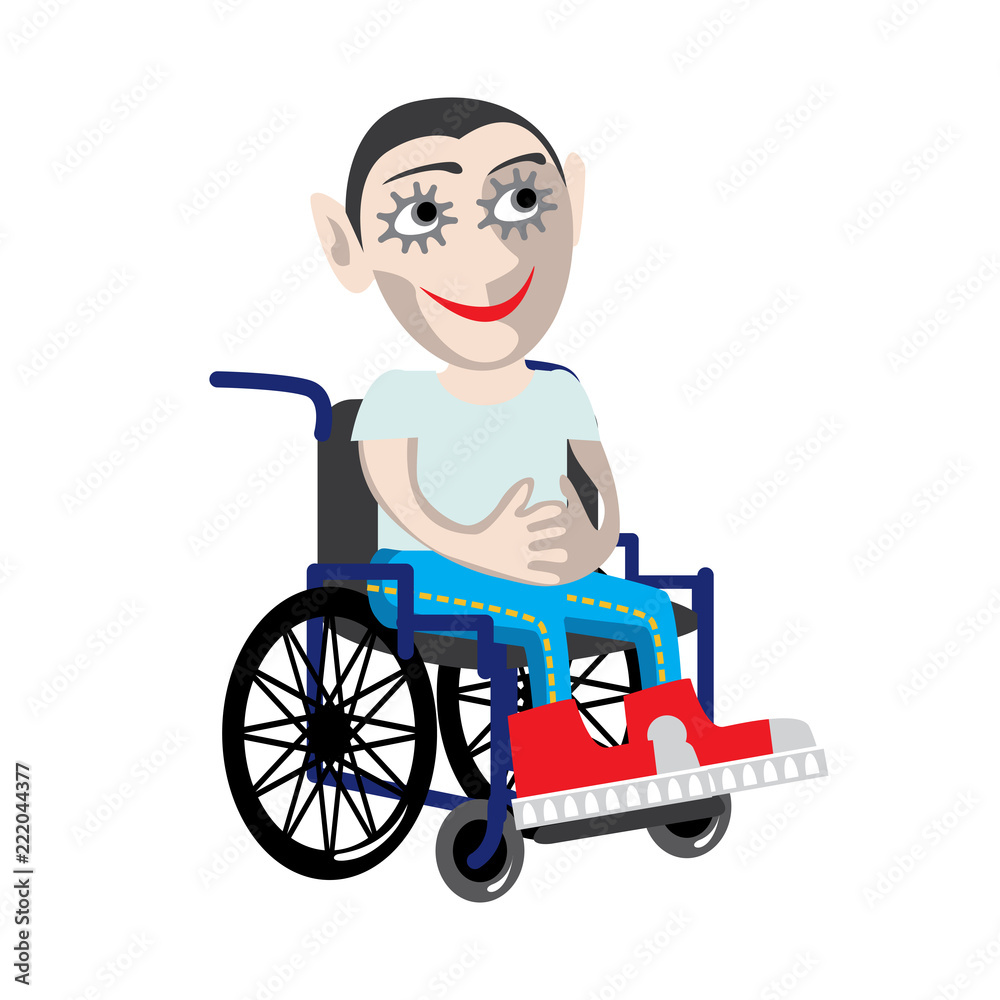 Disabled young man in wheelchair. Flat vector character in isolated background. Disabled young man in wheelchair. Flat vector character in isolated background.