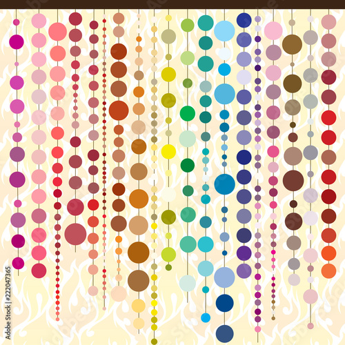 ancy of threads hanging with many colored balls of different shapes. illustration photo