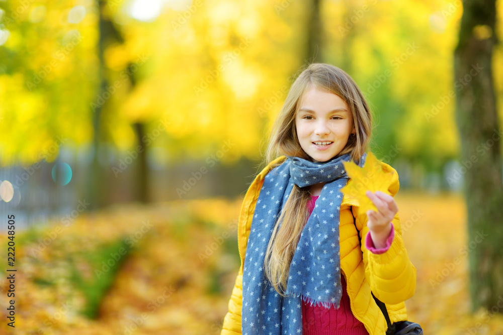 Cute little girl having fun on beautiful autumn day. Happy child playing in autumn park. Kid gathering yellow fall foliage. Cute little girl having fun on beautiful autumn day. Happy child playing in autumn park. Kid gathering yellow fall foliage.