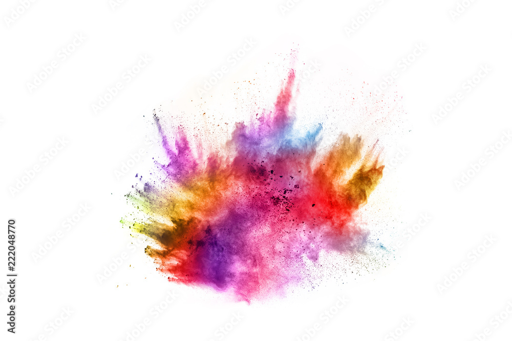 Colorful powder explosion on white background. Colored cloud. Colorful dust explode. Paint Holi. - obrazy, fototapety, plakaty 