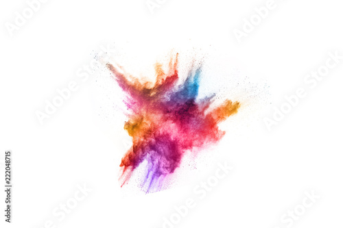 Colorful powder explosion on white background. Colored cloud. Colorful dust explode. Paint Holi.