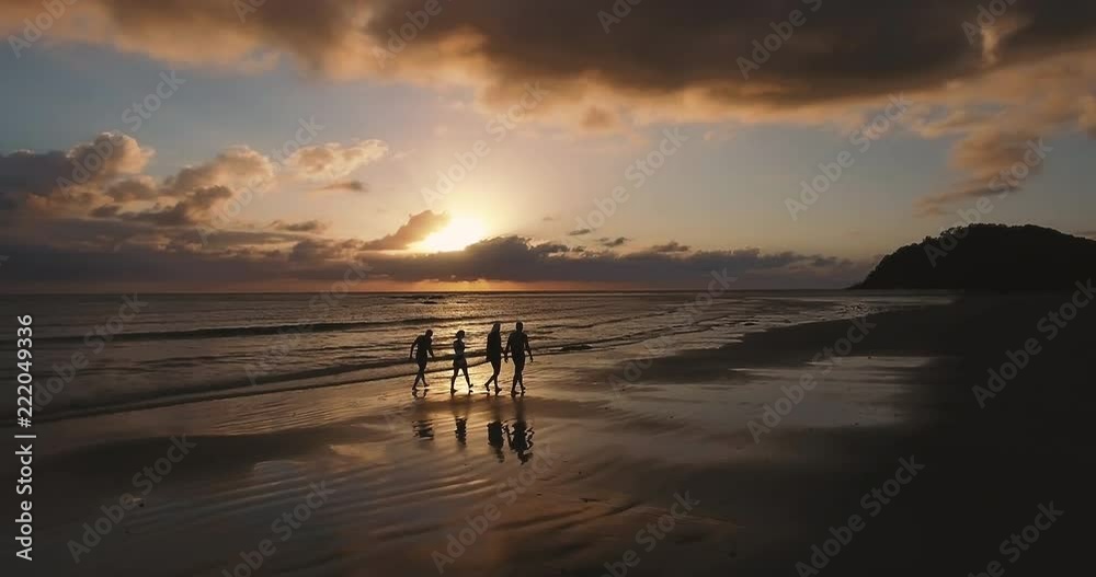 Aerial Drone Shot of Group of Friends Walking Down the Beach, Tropical Australia Aerial Drone Shot of Group of Friends Walking Down the Beach, Tropical Australia