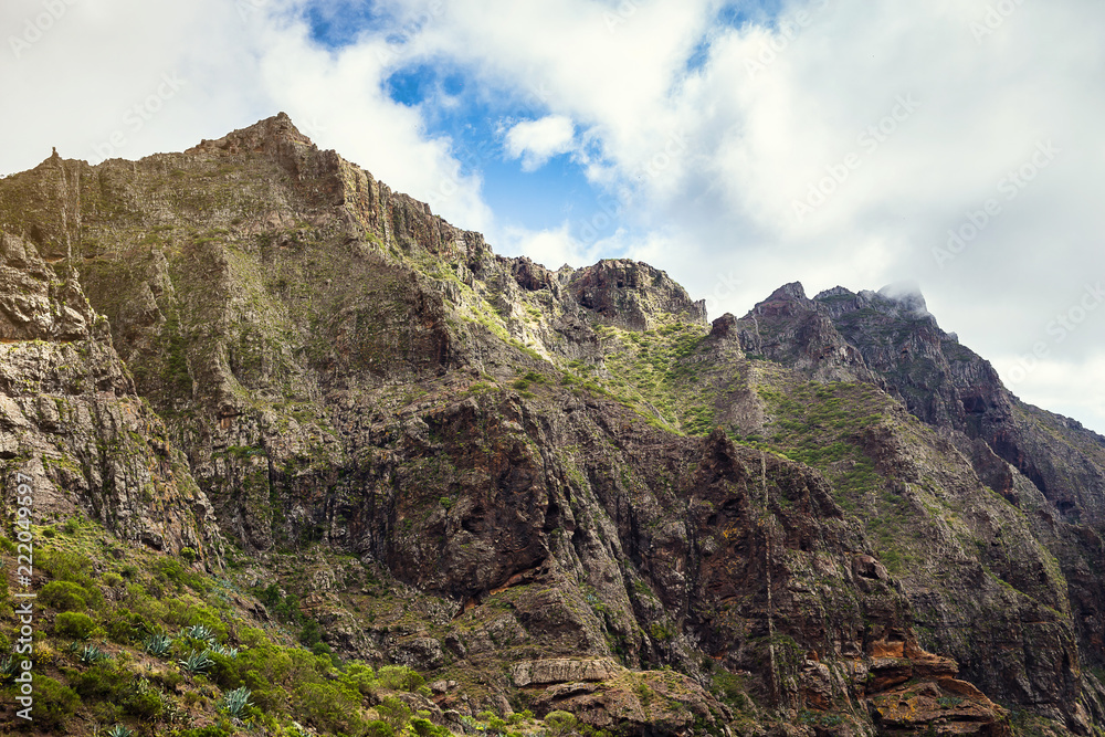 Mountain Landscape of the Masca Gorge. Beautiful views of the coast with small villages in Tenerife, Canary Islands